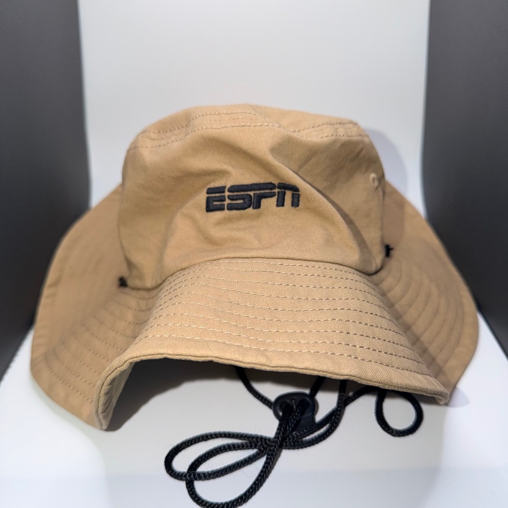 ESPN Logo Boonie Bucket Hat Adjustable Chin Strap Tan Khaki OSFM